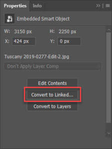 Smart Object layers Convert to Linked properties panel