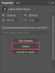 Smart Objects Embed Linked properties panel