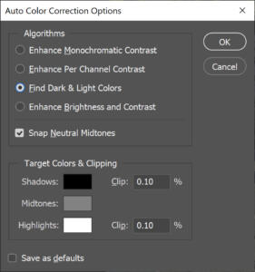 Auto Color Corrections Options dialogue box my settings